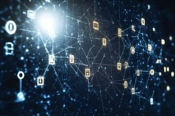 Obraz premium Connected Digital Network: A digital network illuminated, depicting interconnected data points forming a complex web of communication, symbolizing the ever-evolving digital landscape.