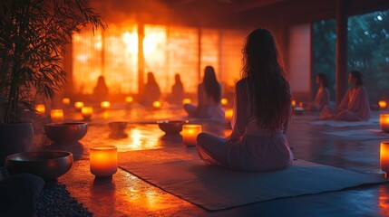Vibrational healing, sound bath session, people on mats, singing bowls, soft glowing light