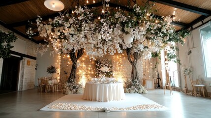 Obraz premium A beautiful decorated wedding venue with flower trees and lights