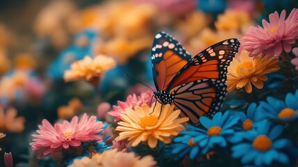 Obraz premium Butterfly feeding on colorful flowers in a lush garden nature photography vibrant environment close-up perspective