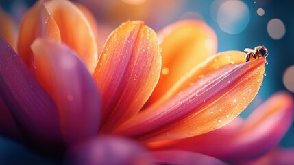 Obraz premium Bee pollinates vibrant flower in nature close-up photography colorful garden macro view beauty of life