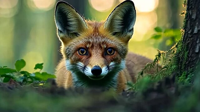 Fox peering from forest undergrowth