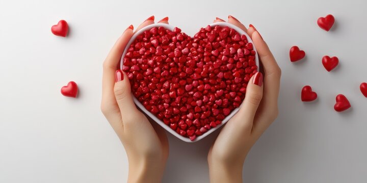 Hands holding a bowl of red heart-shaped candies with more scattered hearts around on a light background