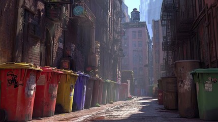 Naklejka premium Vibrant Urban Alley with Colorful Trash Bins and Sunlit Shadows