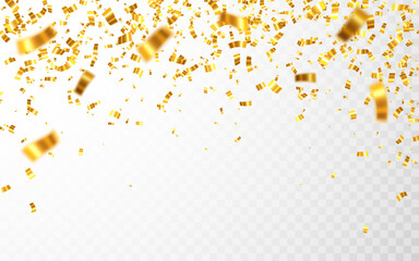 Gold confetti. Celebration carnival falling shiny glitter confetti in gold color. Luxury greeting card. Vector illustration