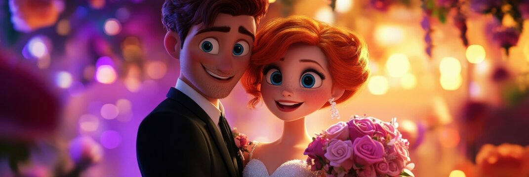 Couple celebrates their wedding day in a charming venue decorated with flowers and warm lighting