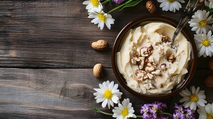 Creamy Nut Butter in Bowl with Flowers on Wooden Background