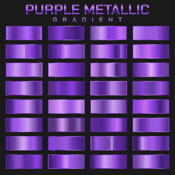 Collection of purple metallic gradient. Brilliant plates with metallic effect. Vector illustration