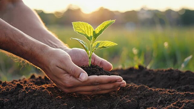 hands holding plant a young sapling into the soil with care