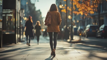 Woman Walking Uncomfortably on Street Amidst Catcalling in Urban Setting with Autumn Leaves and Candid City Life Atmosphere