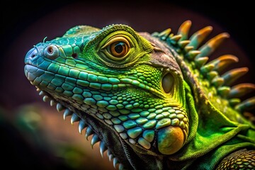 Fototapeta premium Night Portrait of a Green Iguana: Emerald Eyes in the Dark