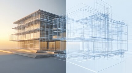 A modern architectural design showcases a building's structure in a wireframe overlay, blending innovation with visualization.