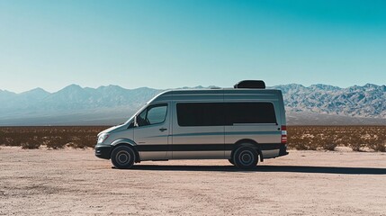 Fototapeta premium Journey's Horizon: A sleek van stands against a breathtaking backdrop of a desert landscape. The azure sky stretches endlessly above, meeting distant, majestic mountains.