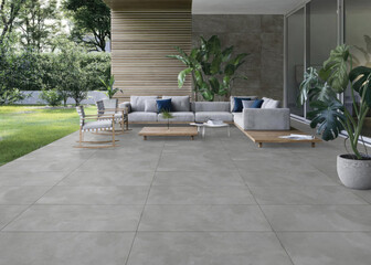3D Render of a Contemporary Outdoor Living Space with Light Gray Tiling and Cozy Furniture