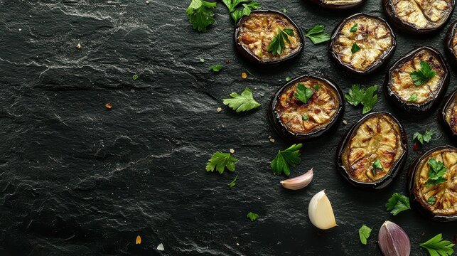 Flat Lay of Roasted Eggplant Slices with Fresh Pars