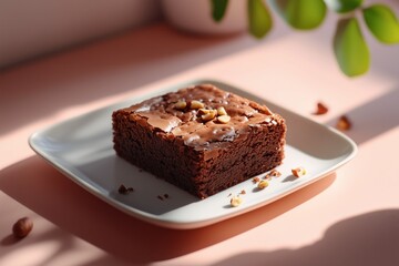 a hazelnut brownie, indoor studio photoshoot, strobe lights, harsh shadow, photorealistic details, clean decoration, clean background, pastel color backdrop