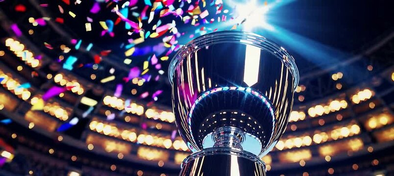 Glittering trophy celebration with confetti under bright lights