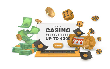 Realistic 3d casino game concept. Slot machine, playing cards, poker chips, laptop, green stack of money, dice, golden coin. Vector illustration