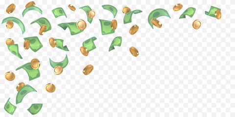 3d dollar notes and gold coins falling. Financial success concept. Vector illustration
