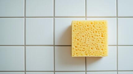 Yellow dry square sponge on white tiles. Top view.