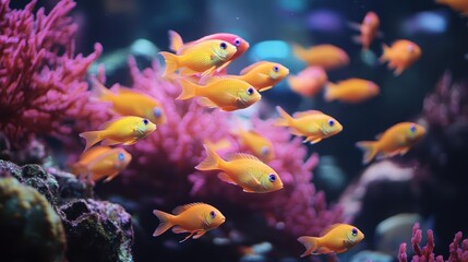 Obraz premium Colorful school of fish swimming among vibrant coral reefs in a tropical ocean environment