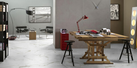 3D Render of a Contemporary Workspace with Stylish Decor and Elegant Marble Flooring