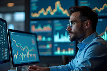 Data-driven decisions: a focused finance analyst using business analytics software to optimize financial performance.