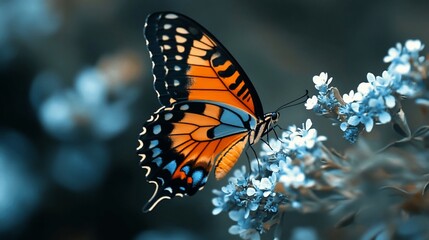 Obraz premium Orange butterfly on blue flowers.