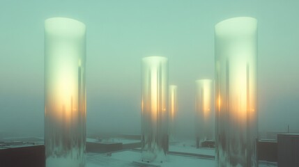 Ethereal landscape features translucent pillars glowing softly i