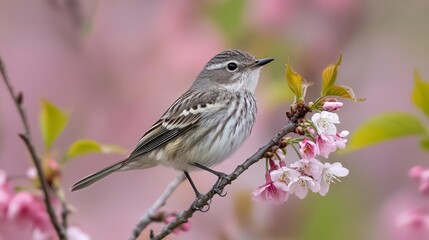 Fototapeta premium Bird perched on flowering branch springtime garden nature photography soft focus close-up serenity