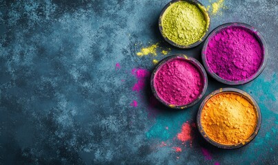 Colorful Holi festival background with vibrant powder in bowls on a grey-blue table, top view. Spring holiday concept