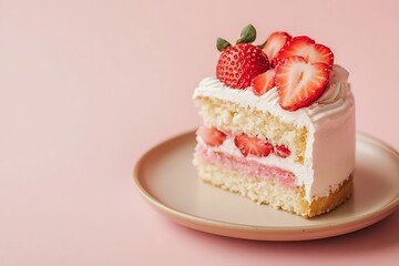 A slice of strawberry shortcake on a pink background