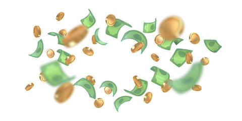 3d dollar notes and gold coins falling. Financial success concept. Vector illustration