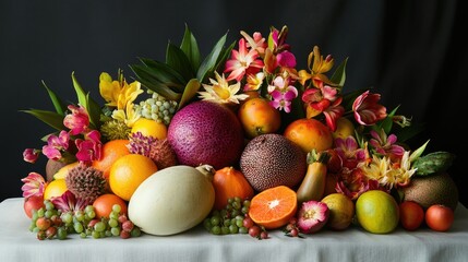 Vibrant Display of Exotic Fruits and Colorful Flowers Arrangement