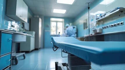 Medical Procedure Room Featuring Sterilization Equipment and Healthcare Professionals in Light Blue Color Scheme