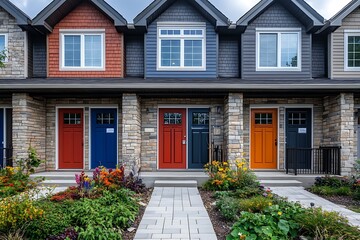 Obraz premium Beautifully Constructed Townhouses with Colorful Doors and Landscaped Gardens