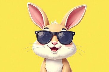 Fototapeta premium Illustration of the muzzle of a red rabbit wearing sunglasses on a yellow background. Happy Easter. Creative