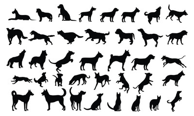 Dogs silhouettes Set of dog silhouette vector Dogs and puppies in different poses Hand drawn pet animals