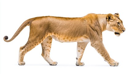 Obraz premium Lioness walking gracefully in a studio environment with a clean white background during a daytime shoot