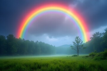 Naklejka premium Majestic Rainbow Arcs Over Misty Field and Forest