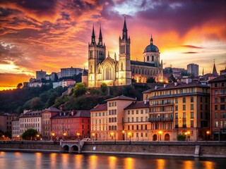 Notre-Dame de Fourvi&egrave;re Basilica, Lyon, France: Panoramic View of Sa&ocirc;ne River and Old Town