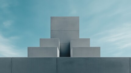 A minimalist architectural structure featuring stacked concrete blocks against a serene blue sky, perfect for designs related to modern architecture, abstract concepts, or urban development,