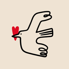 Flying bird with a red heart in beak. Outline unique trendy style. Hand drawn modern Vector illustration. Icon, logo, print, poster template. Isolated design element