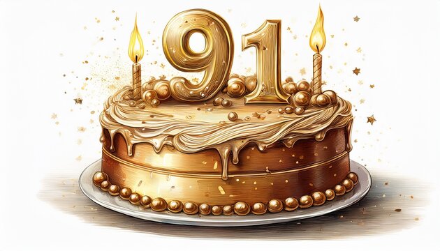 Illustration of decorated gold cake for birthday or anniversary party. Number 91, ninety-first birthday celebration