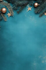 Christmas Frame, Fir Branches, Golden Stars And Balls On Blue Background, Copy Space For Text