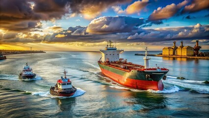 Fototapeta premium Oil Tanker Escorted by Tugboats Entering Mar del Plata Port - Candid Photo