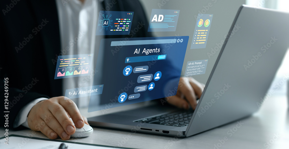 Poster Image generator, documents, marketing and advertising, bot writing and coding.Interaction with the Ai assistant to solve some tasks more easily. Person using laptop with Ai Content Generator.	