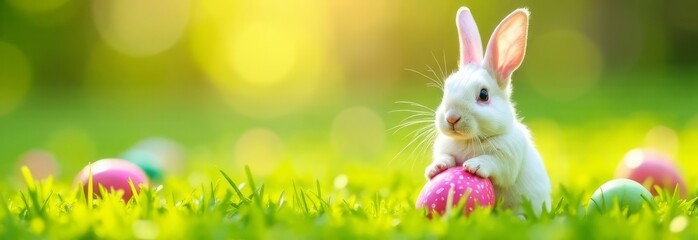 A small white fluffy rabbit is sitting on the green grass among the scattered Easter colorful eggs, with its front paws on a pink egg. Happy Easter. The banner