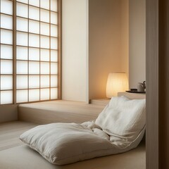 Japanese minimalist room with low profile seating and a window