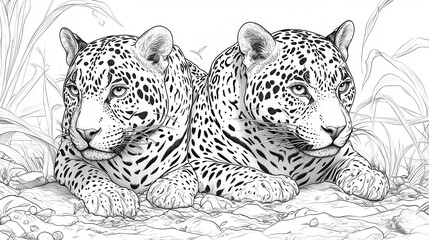 Obraz premium Artistic illustration of two leopards resting, showcasing intricate detailing and a serene atmosphere.